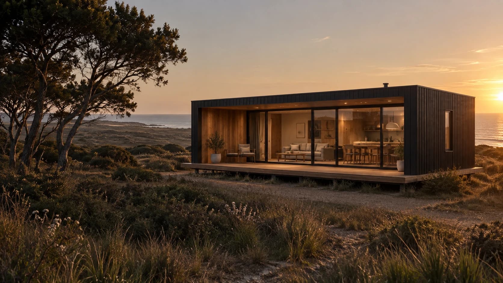 Vivienda modular negra con madera y grandes ventanales en el paisaje costero.