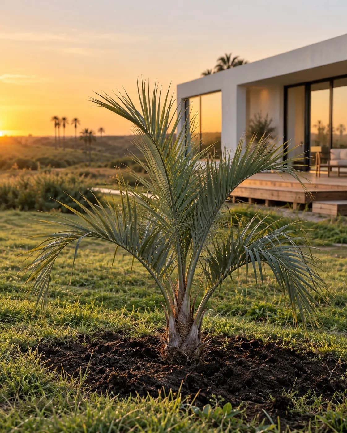 Palmera pindó joven recién plantada junto a una casa modular al atardecer