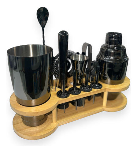 Set 15 Piezas De Cocteleria Metal Barman Soporte Bambu