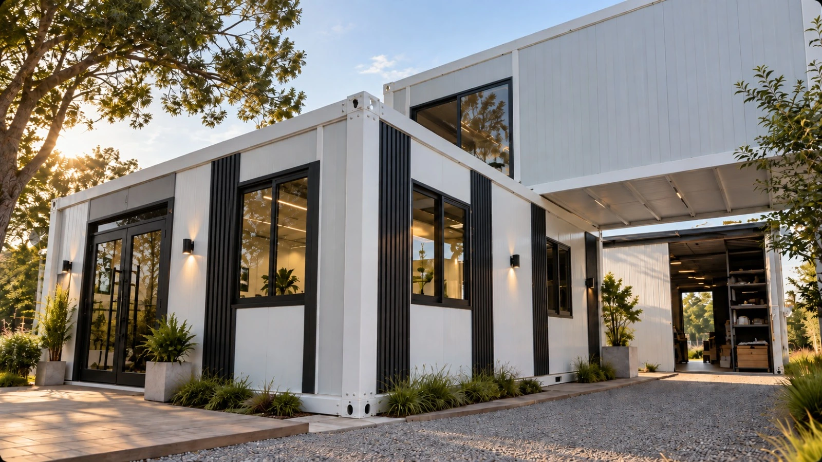 Vivienda modular blanca con grandes ventanales y detalles oscuros